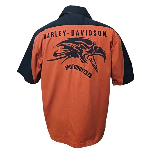 Vintage Harley Davidson Men's Button Up Shirt Size M Orange Black Zipper Pockets - Picture 4 of 5